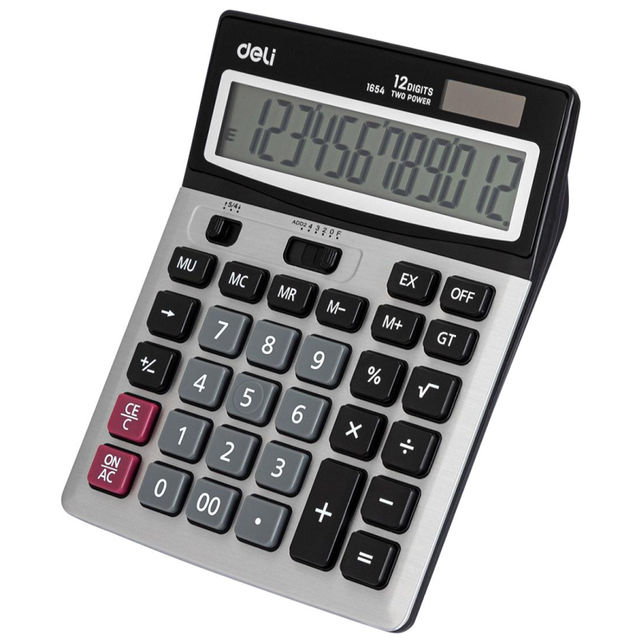 Калькулятор Deli E1654 настольный полноразмерный, 12-разрядный, двойное питание, 186x147мм, металлический корпус, серебристый