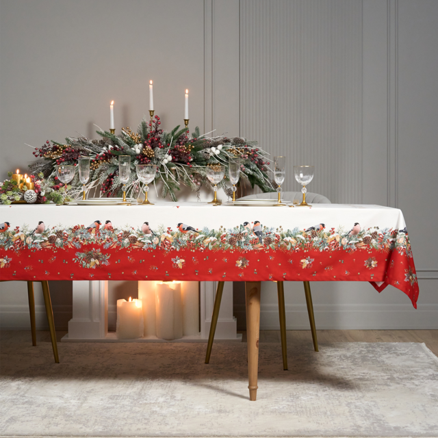 СКАТЕРТЬ "МОРОЗКО.СНЕГИРИ" 140Х300СМ ,КРАСНЫЙ, 100% ХЛОПОК,ТВИЛ ПРОПИТКА