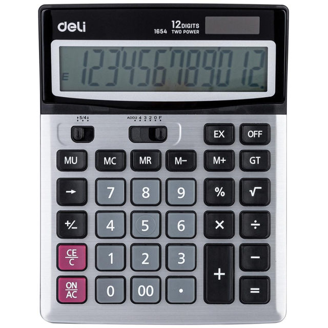 Калькулятор Deli E1654 настольный полноразмерный, 12-разрядный, двойное питание, 186x147мм, металлический корпус, серебристый