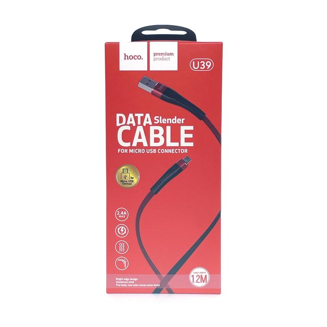 USB кабель HOCO U39 Slender MicroUSB, 1.2м, 2.4A, нейлон (красный с черным)