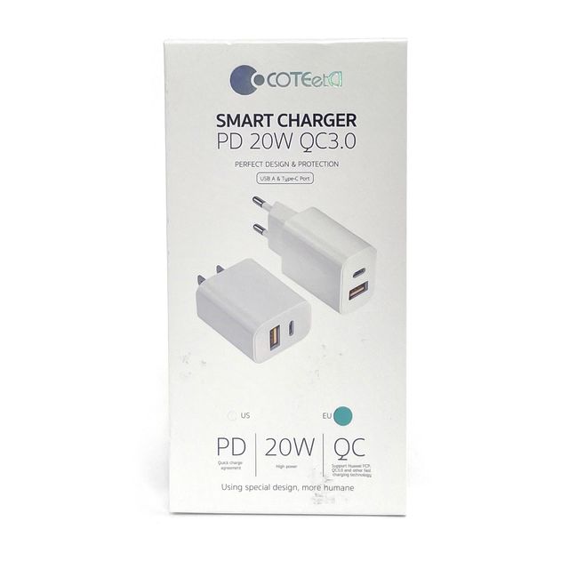 СЗУ с 2 USB выходами COTEetCI Smart charger PD 20W + QC3.0 (USB-A&Type-C Port) (белое)