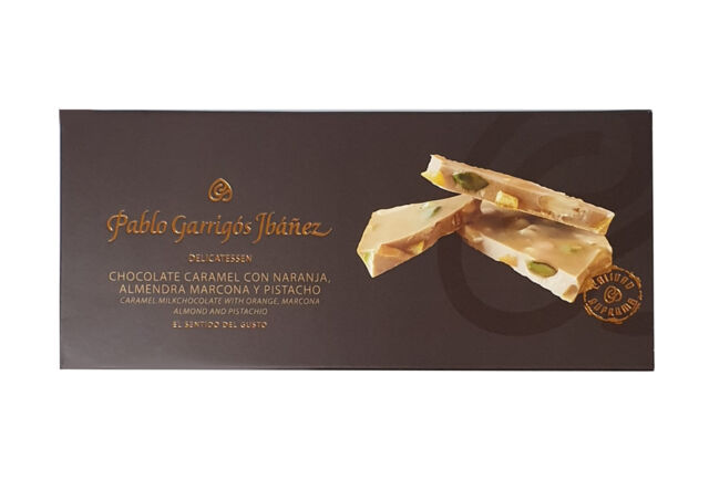 Карамельный шоколад с апельсином, миндалём Маркона и фисташками Pablo Garrigos Ibanez / Delicatessen, уп. 200 гр.
