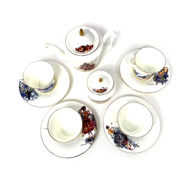 Сервиз чайный на 6 персон форма Юлия рисунок Четыре сезона любви, 14 предметов, Императорский фарфоровый завод