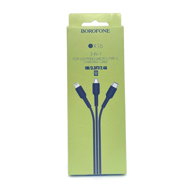 USB кабель BOROFONE BX16 3-in-1 Enjoy Lightning 8-pin/MicroUSB/Type-C, 1м, TPE (черный)