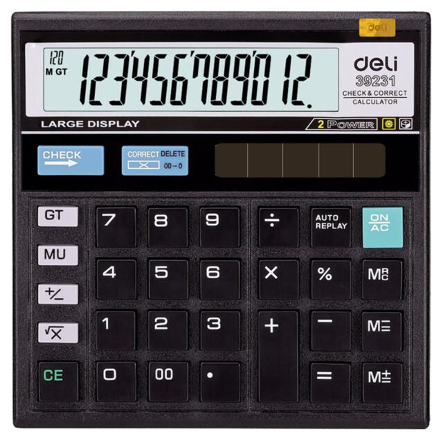 Калькулятор Deli E39231 настольный компактный, 12-разрядный, двойное питание, 129x129 мм, чёрный