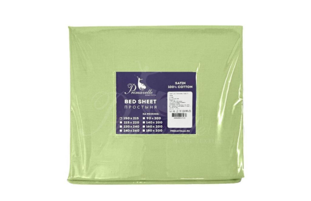 Простыня из однотонного сатина зеленая, размер 150x215