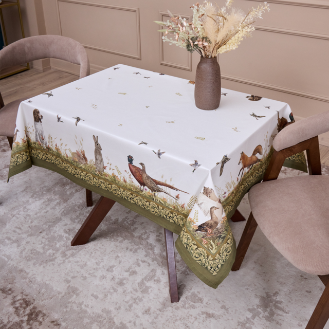 СКАТЕРТЬ "ОХОТА"110Х140СМ ,100% ХЛОПОК,ЗЕЛЕНЫЙ,ТВИЛ, ПРОПИТКА