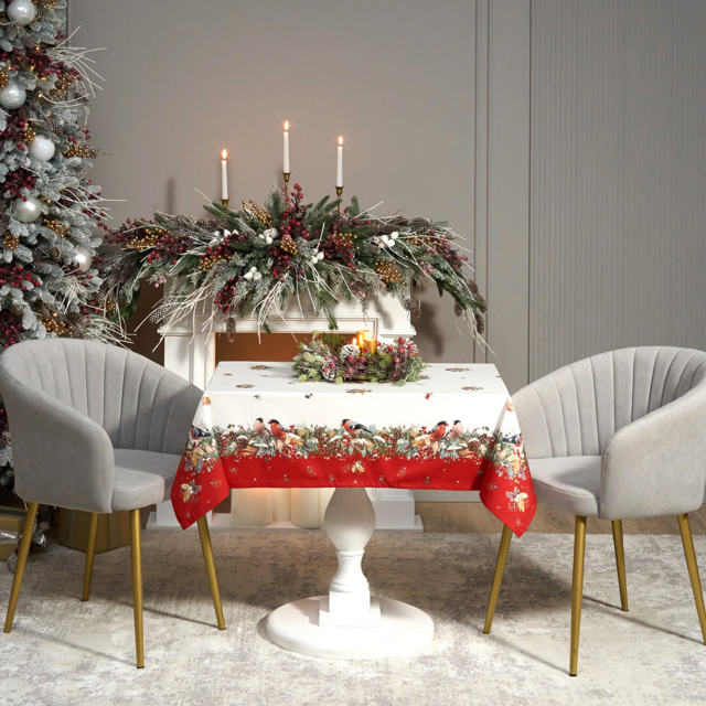 СКАТЕРТЬ "МОРОЗКО.СНЕГИРИ" 160Х220СМ ,КРАСНЫЙ, 100% ХЛОПОК,ТВИЛ ПРОПИТКА