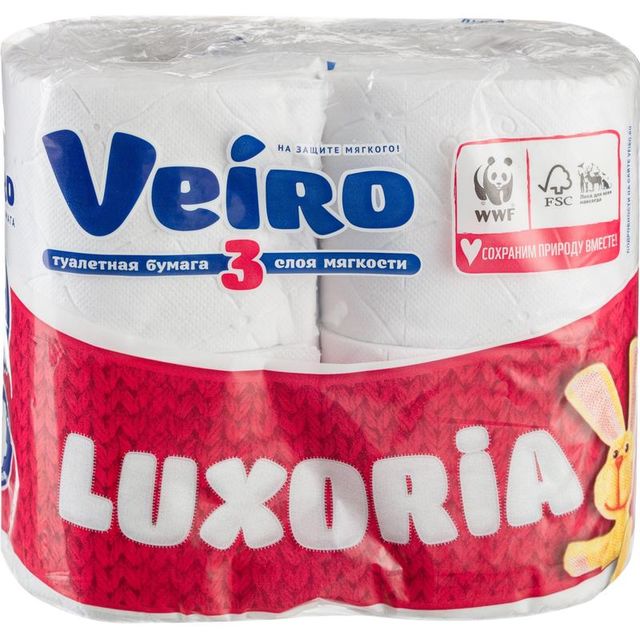 Бумага туалетная Veiro Luxoria 3-слойная белая, 4 рулона в упаковке