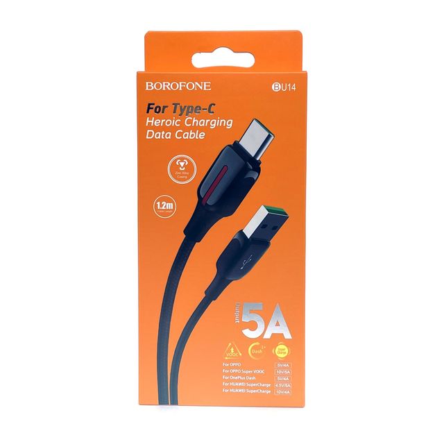 USB кабель BOROFONE BU14 Heroic Type-C, 1.2м, 4A, нейлон (черный)