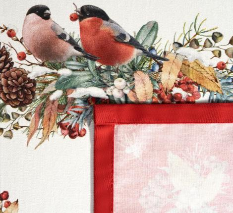 СКАТЕРТЬ "МОРОЗКО.СНЕГИРИ" 110Х140СМ ,КРАСНЫЙ, 100% ХЛОПОК,ТВИЛ ПРОПИТКА