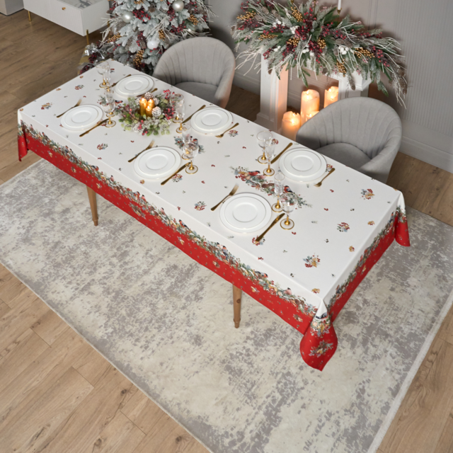 СКАТЕРТЬ "МОРОЗКО.СНЕГИРИ" 140Х300СМ ,КРАСНЫЙ, 100% ХЛОПОК,ТВИЛ ПРОПИТКА