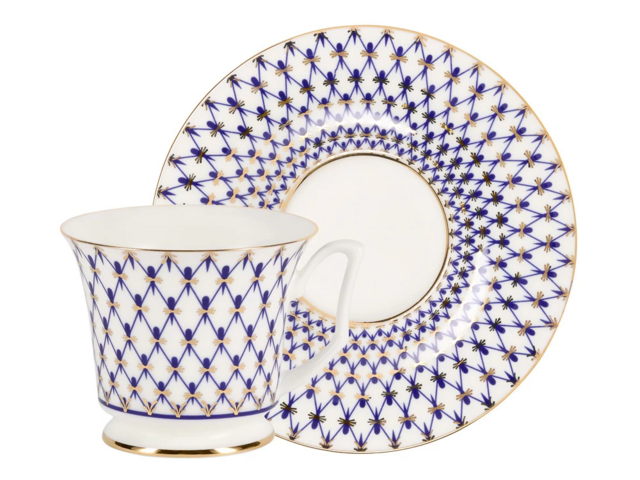 Чашка с блюдцем чайная Императорский фарфоровый завод форма Юлия рисунок Кобальтовая сетка