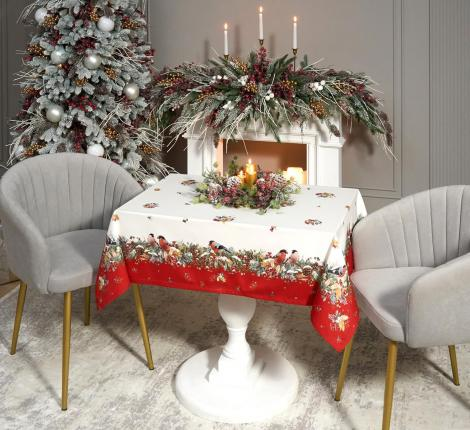 СКАТЕРТЬ "МОРОЗКО.СНЕГИРИ" 110Х140СМ ,КРАСНЫЙ, 100% ХЛОПОК,ТВИЛ ПРОПИТКА