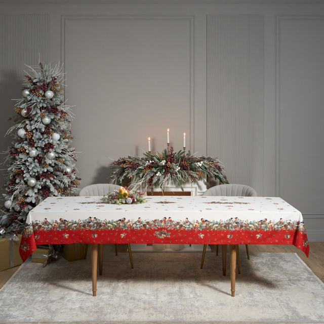 СКАТЕРТЬ "МОРОЗКО.СНЕГИРИ" 140Х300СМ ,КРАСНЫЙ, 100% ХЛОПОК,ТВИЛ ПРОПИТКА