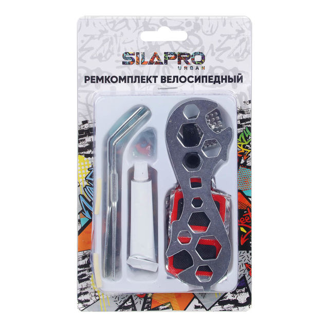 Ремкомплект SILAPRO велосипедный (клей, ключ, терка, 5 заплаток, 2 колпачка, 2 жгута, 2 монтировки с крючком)