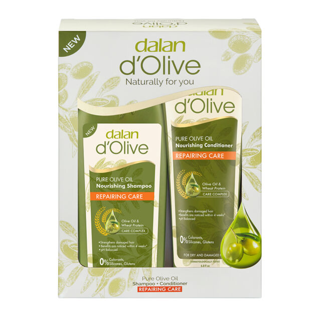 Dalan Подарочный набор косметики с чистым оливковым маслом 600 мл (Восстанавливающий шампунь 400 мл и кондиционер 200 мл)