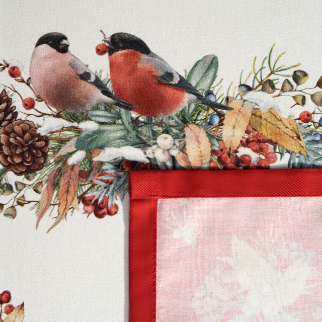 СКАТЕРТЬ "МОРОЗКО.СНЕГИРИ" 140Х300СМ ,КРАСНЫЙ, 100% ХЛОПОК,ТВИЛ ПРОПИТКА