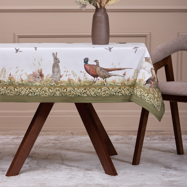 СКАТЕРТЬ "ОХОТА"110Х140СМ ,100% ХЛОПОК,ЗЕЛЕНЫЙ,ТВИЛ, ПРОПИТКА