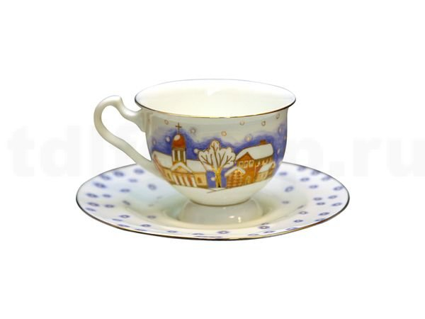 Чашка с блюдцем чайная  Императорский фарфоровый завод форма Айседора рисунок Снегопад