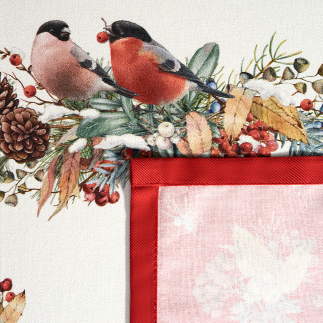 СКАТЕРТЬ "МОРОЗКО.СНЕГИРИ" 140Х180СМ, КРАСНЫЙ, 100% ХЛОПОК,ТВИЛ ПРОПИТКА