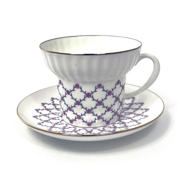 Чашка чайная с блюдцем форма Волна рисунок Розовая сетка, Императорский фарфоровый завод