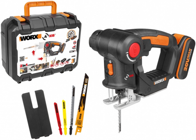 Лобзик аккумуляторный  WORX Axis WX550, (Li-lon, 20В, 2.0Ач x1, ЗУ, набор пилок 4 шт, кейс)