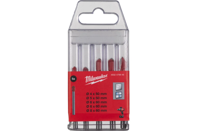 Набор сверл по стеклу и плитке GENII (5 шт; 4x50 мм; 5x50 мм; 6x60 мм; 8x60) Milwaukee арт. 4932479948