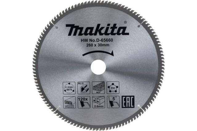 Диск пильный Makita D-65660 (260x30, 120 зуб) д\алюминия\дерева\пластика